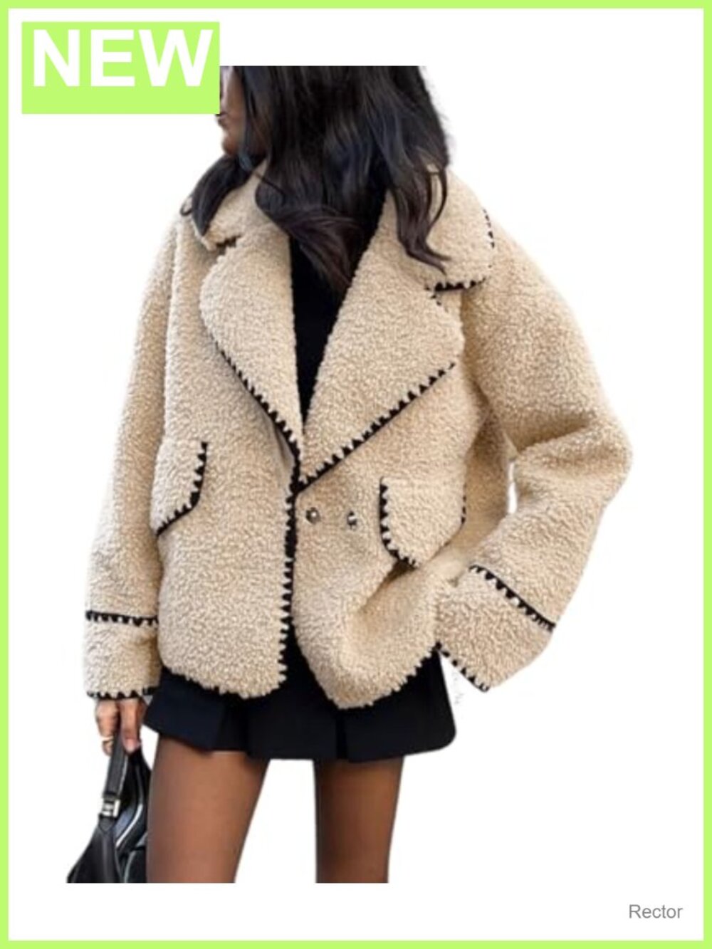 Women's Sherpa Fleece Embroidered Jacket Notch Lapel Fuzzy Winter Coat